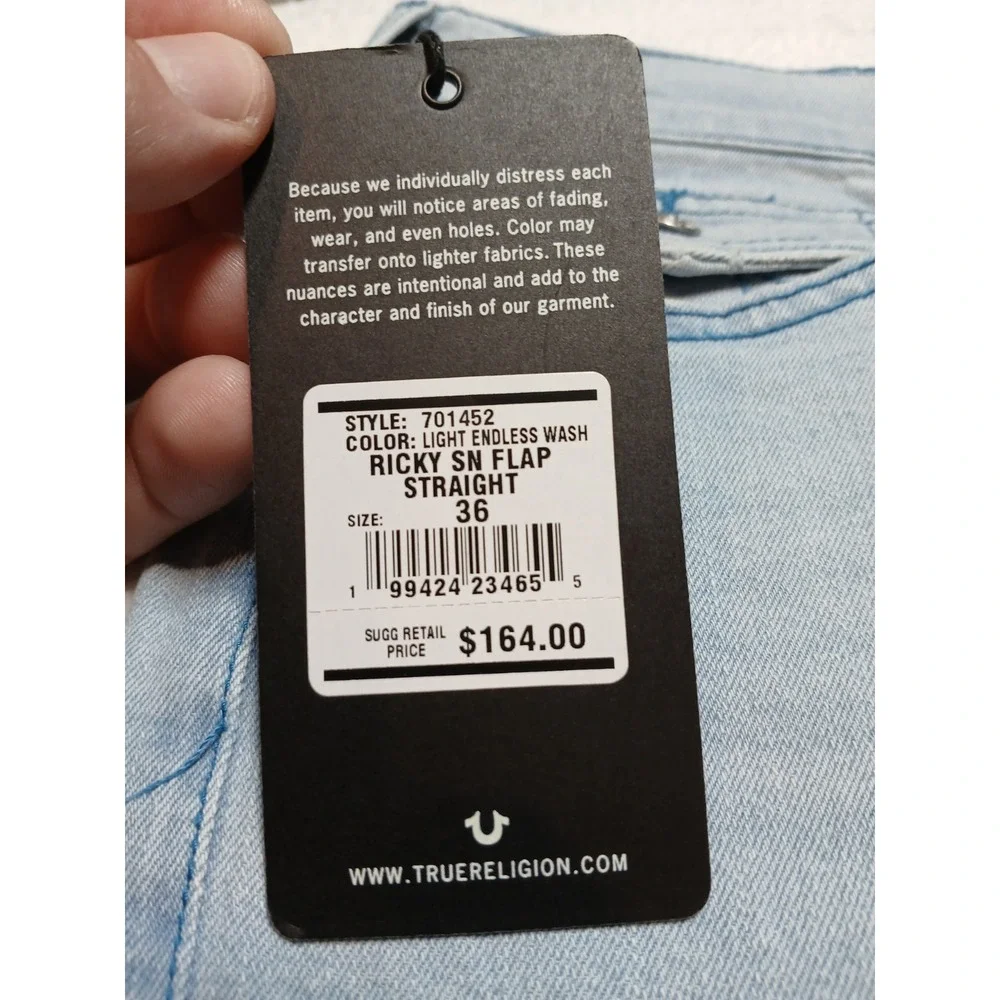 NWT True Religion Ricky SN Flap Straight Jeans Men's 36x34 Light Endless Wash
